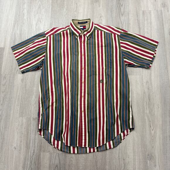 Vintage Tommy Hilfiger Short Sleeve Button Shirt Medium Vertical Striped 90s - Picture 1 of 6